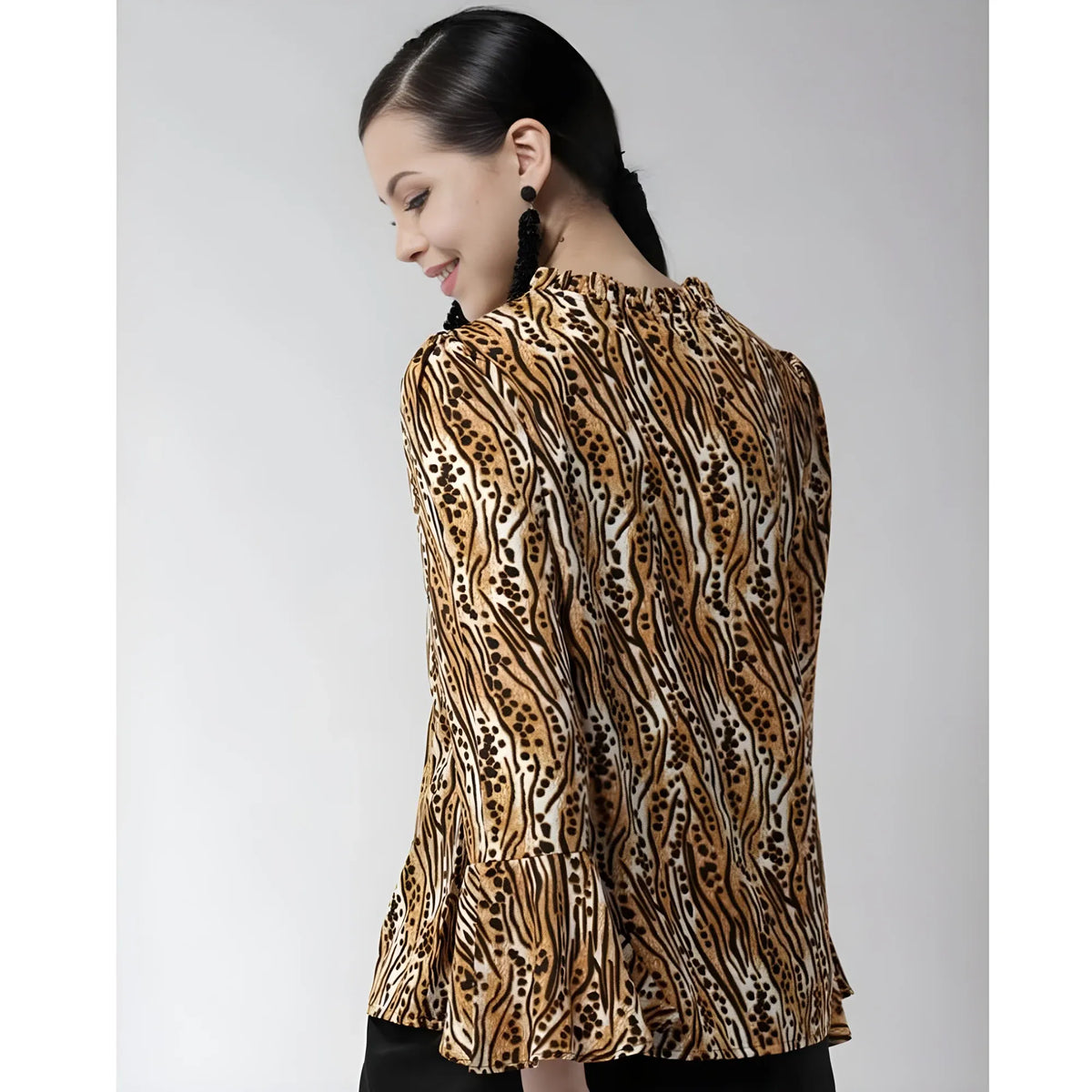 Women's Polyester Printed Bell Sleeve Top (Orange - Black)