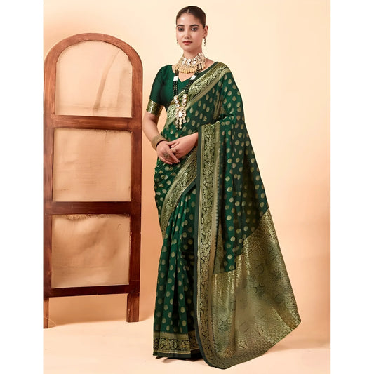 Women's Jacquard Printed Saree With Unstitched Blouse 5.5Mtr (Bottle Green)