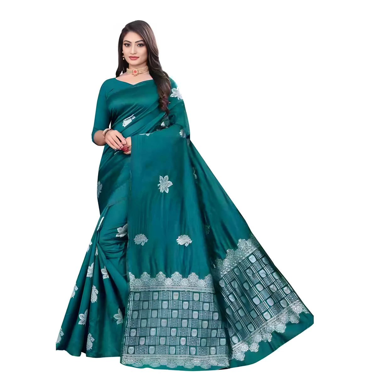 Women's Soft Lichi Silk Printed Saree With Unstitched Blouse 5.5Mtr (Rama)