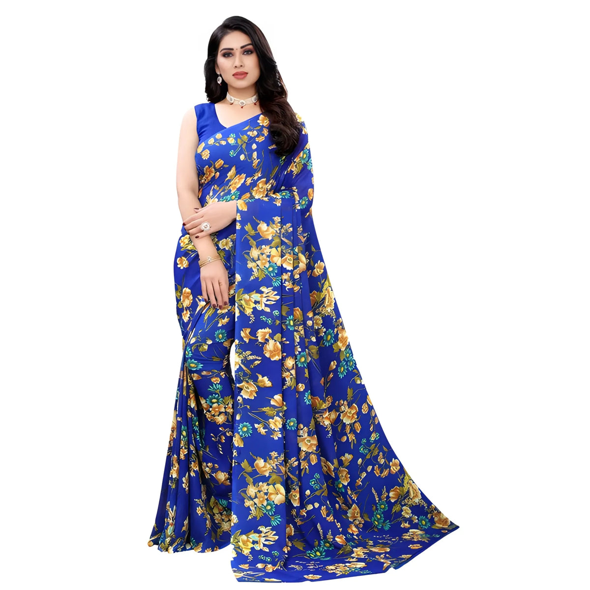 Women's Georgette Floral Printed Saree With Unstitched Blouse 5.5Mtr (Royal Blue)