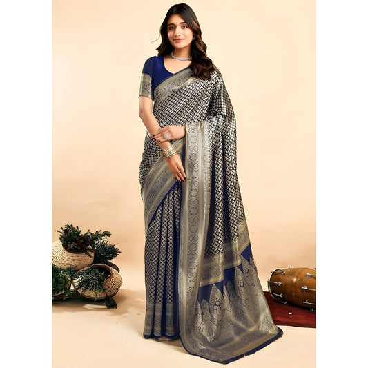 Women's Jacquard Printed Saree With Unstitched Blouse 5.5Mtr (Navy Blue)