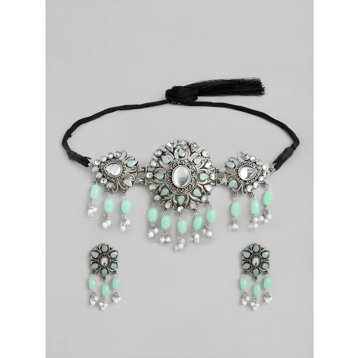 Women's Rose Gold Plated Alloy Necklace &amp; Earings Set (Light Green)