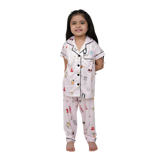 Girl's Silk Bleand Printed Short Sleeve Night Suit Set (Light Pink)