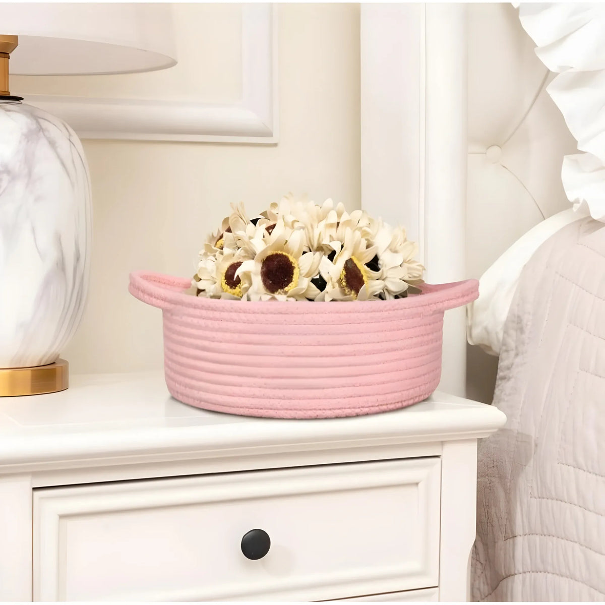 Cotton 8x3 Inch Round Bedside Organizer With Out Lid (Pink)