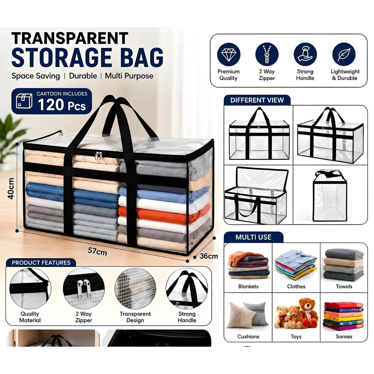 Aurelia Acrylic Transparent Storage Bag with Zip & Handle