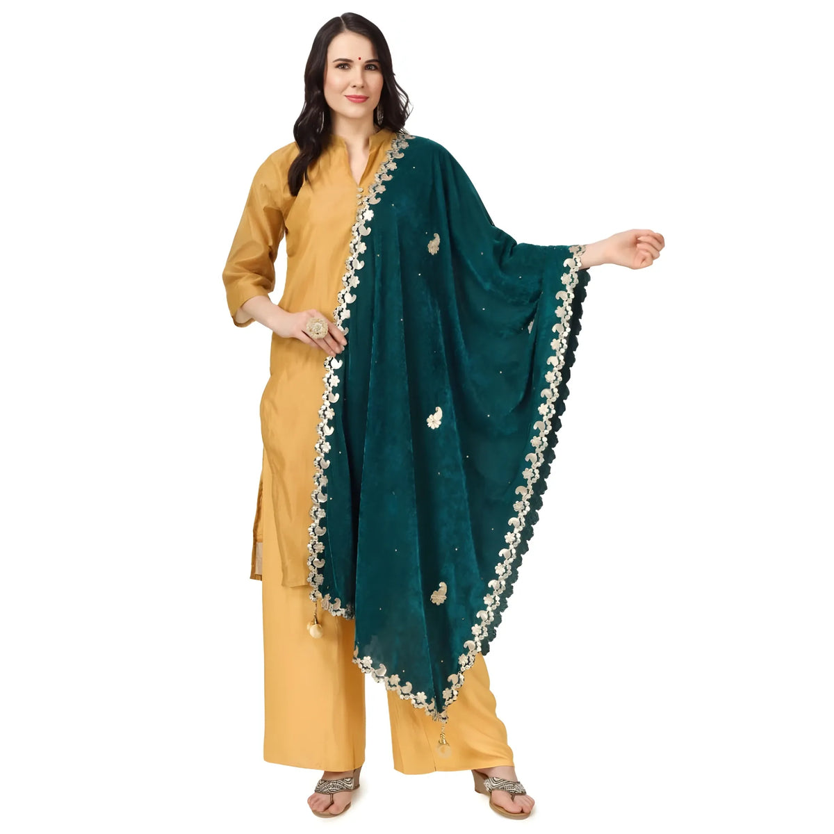Women's Velvet Gotta Patti Dupatta (Dark Green, Length:  2.25 to 2.50 Mtr)