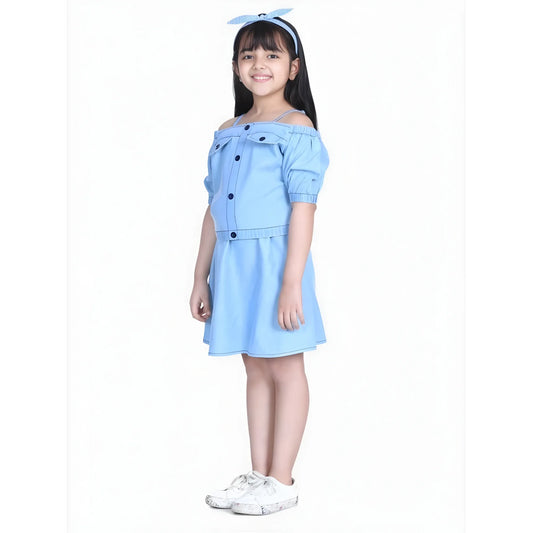 Girl's Denim Solid Cold Shoulder Top And Skirt Set (light Blue) | Kids Signature Collection