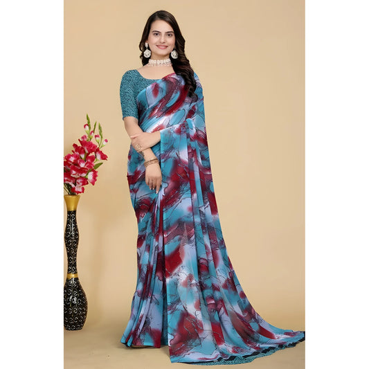Women's Georgette Printed Saree With Unstitched Blouse 5.5Mtr (Blue-Maroon)