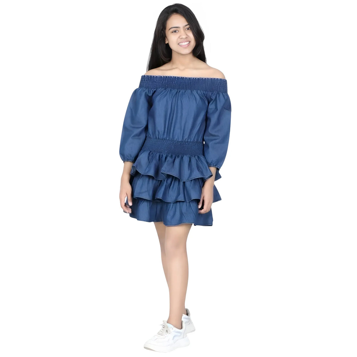 Girl's Denim Solid Off Shoulder Dress (blue) | Kids Signature Collection
