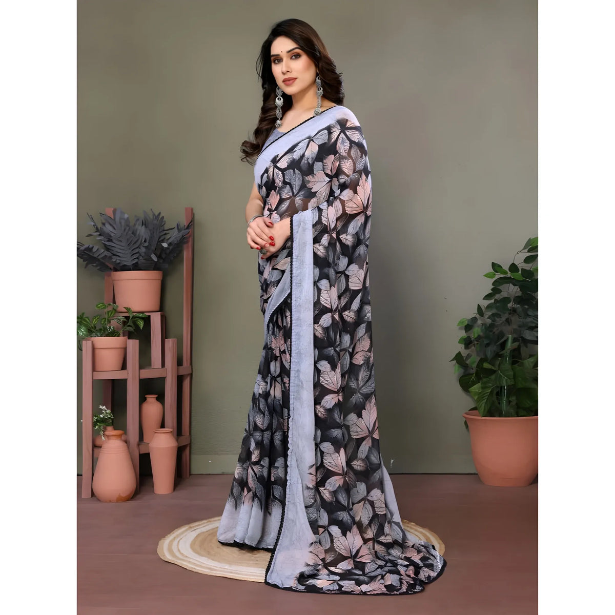 Women's Chiffon Printed Saree With Unstitched Blouse 5.5Mtr  (Grey)