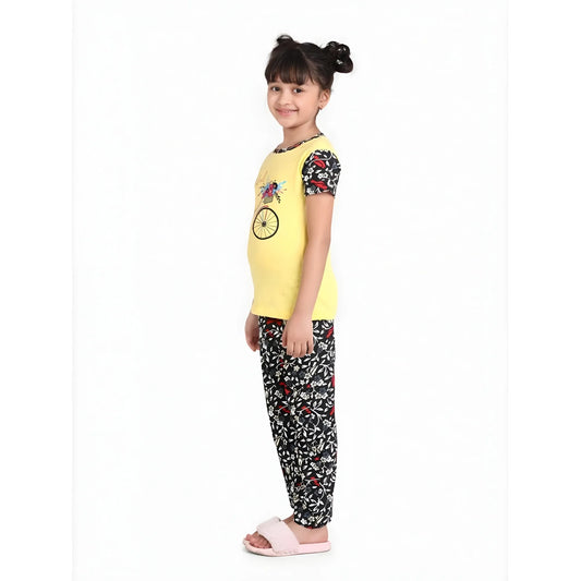 Girl's Cotton Hosiery Printed Night Suit Set (yellow Black) | Kids Signature Collection