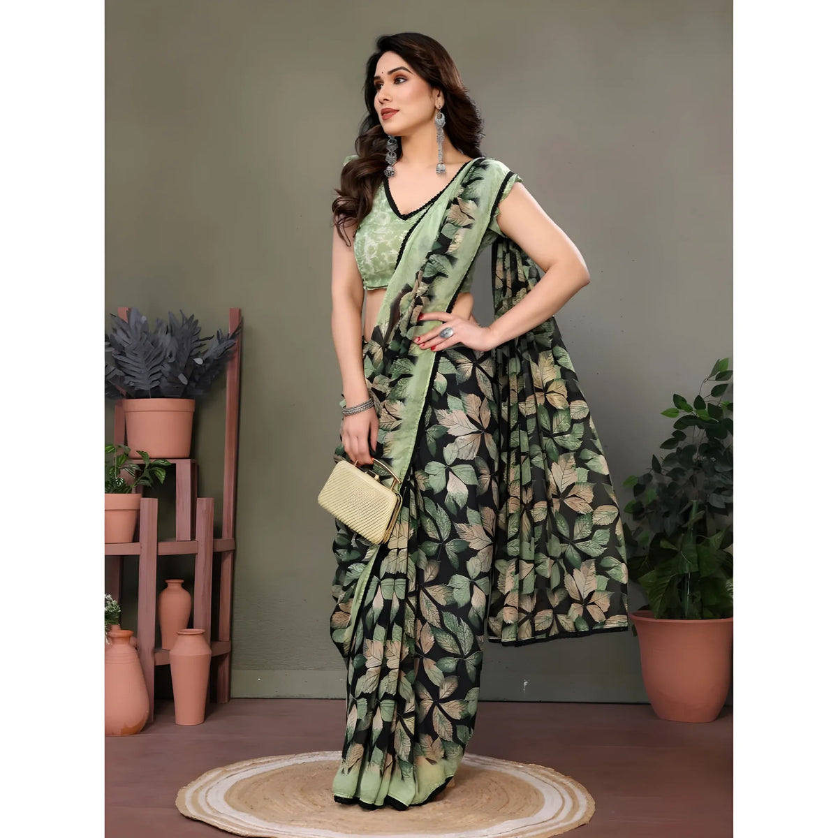 Women's Chiffon Printed Saree With Unstitched Blouse 5.5Mtr  (Green)