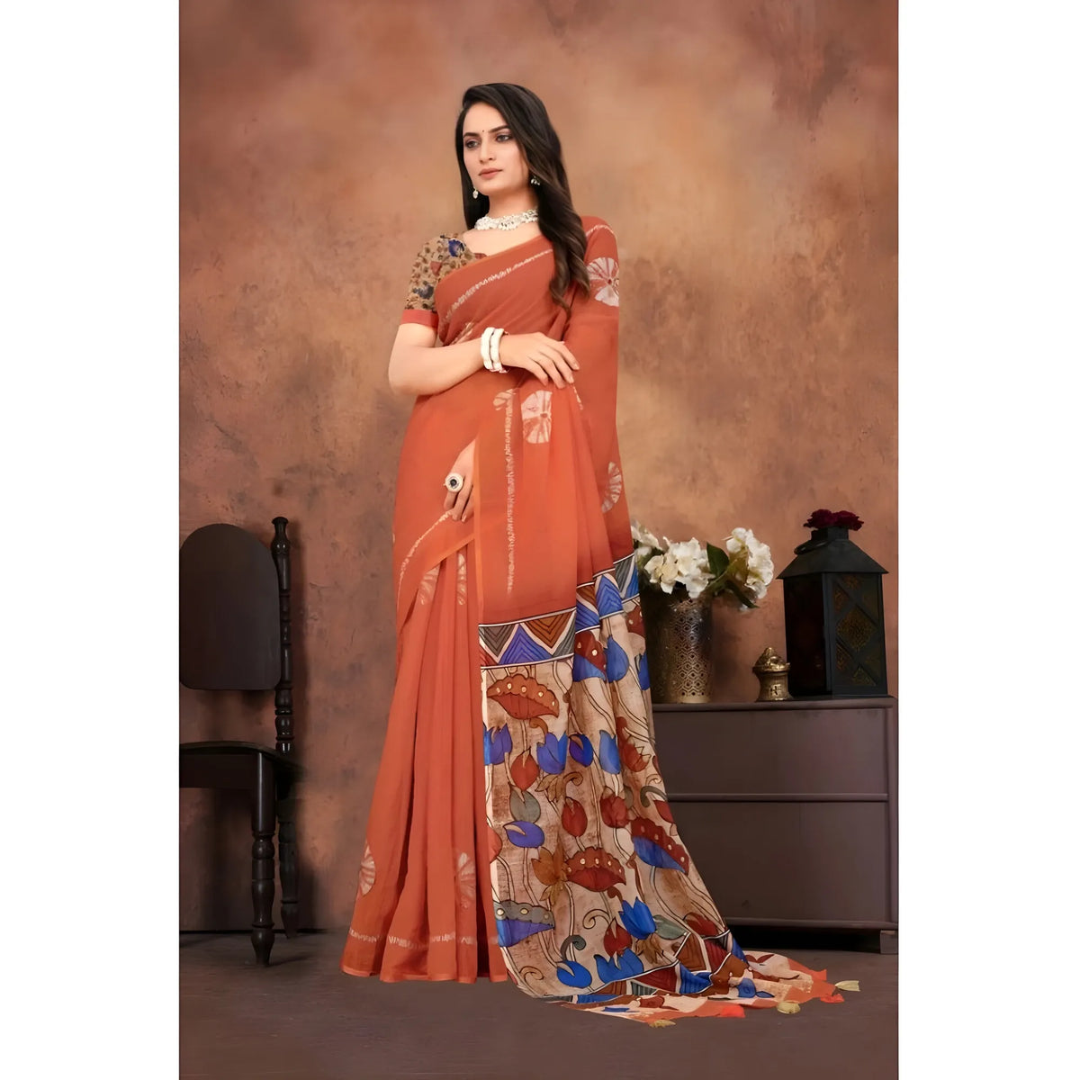 Women's Linen Printed Saree With Unstitched Blouse 5.5Mtr (Red)