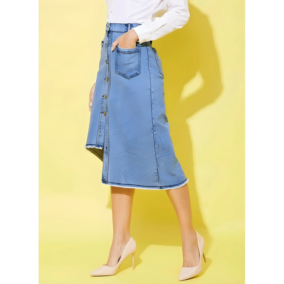Women's Denim Hi Lo Buttoned Skirt (blue) | Women Signature Collection