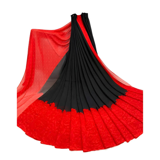 Women's Georgette Printed Saree With Unstitched Blouse 5.5Mtr (Black-Red)