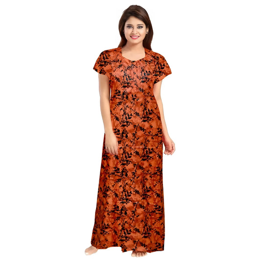 Women's Cotton Printed Maxi Nighty (Orange)