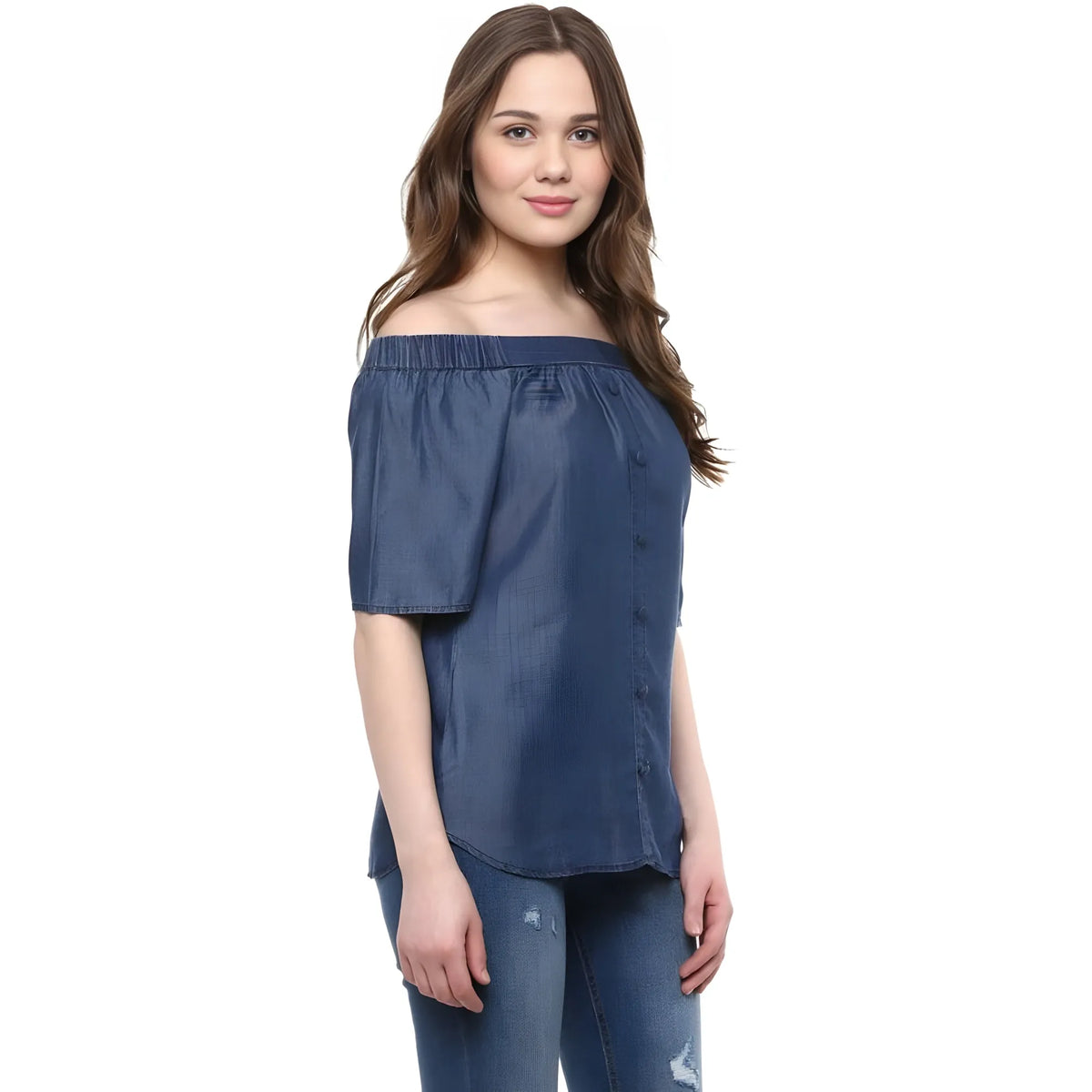Women's Denim Solid Short Sleeve Regular Top (Blue)