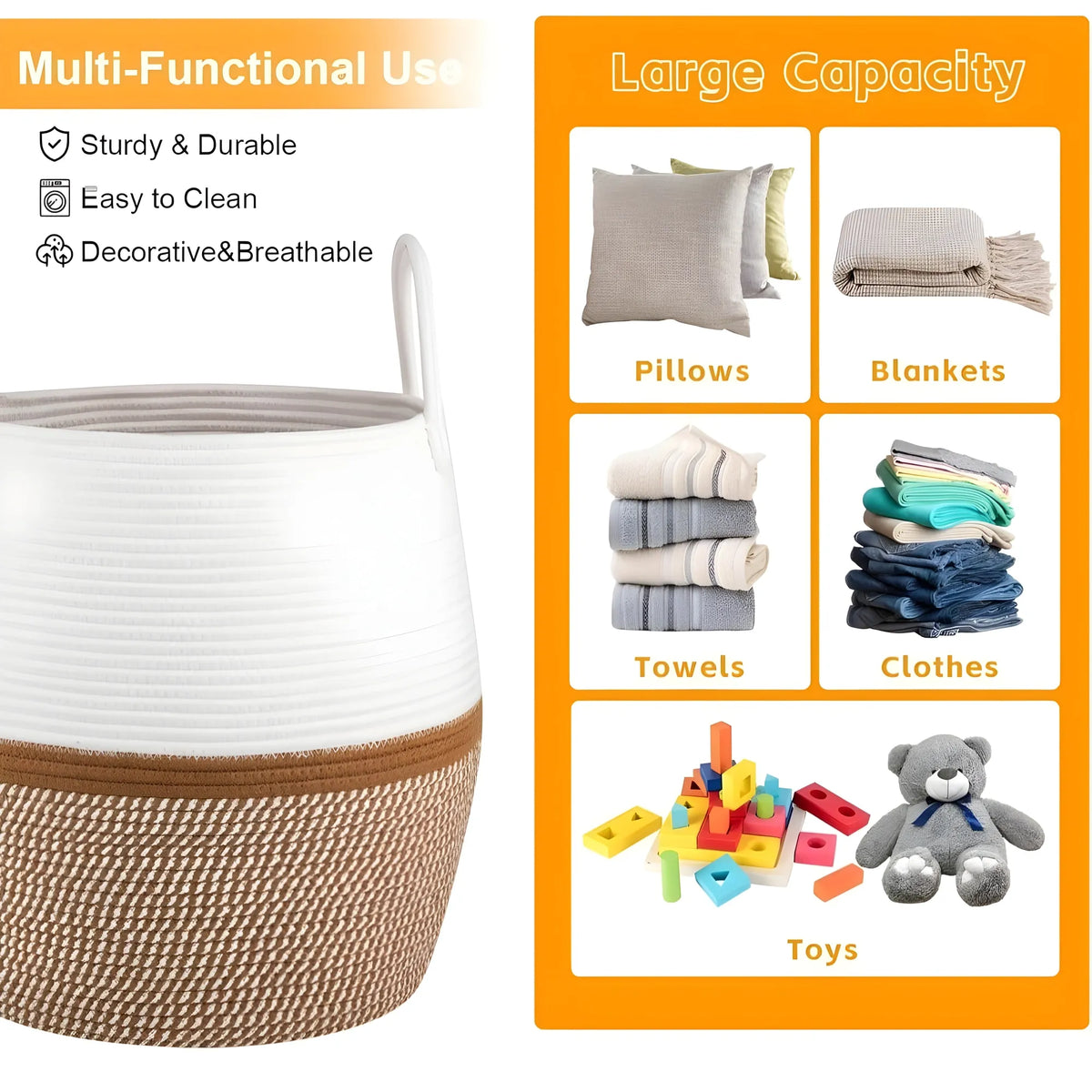 Cotton Matka With Handle 14x12 Inch Storage Basket For Clothes With Out Lid (Beige-White)