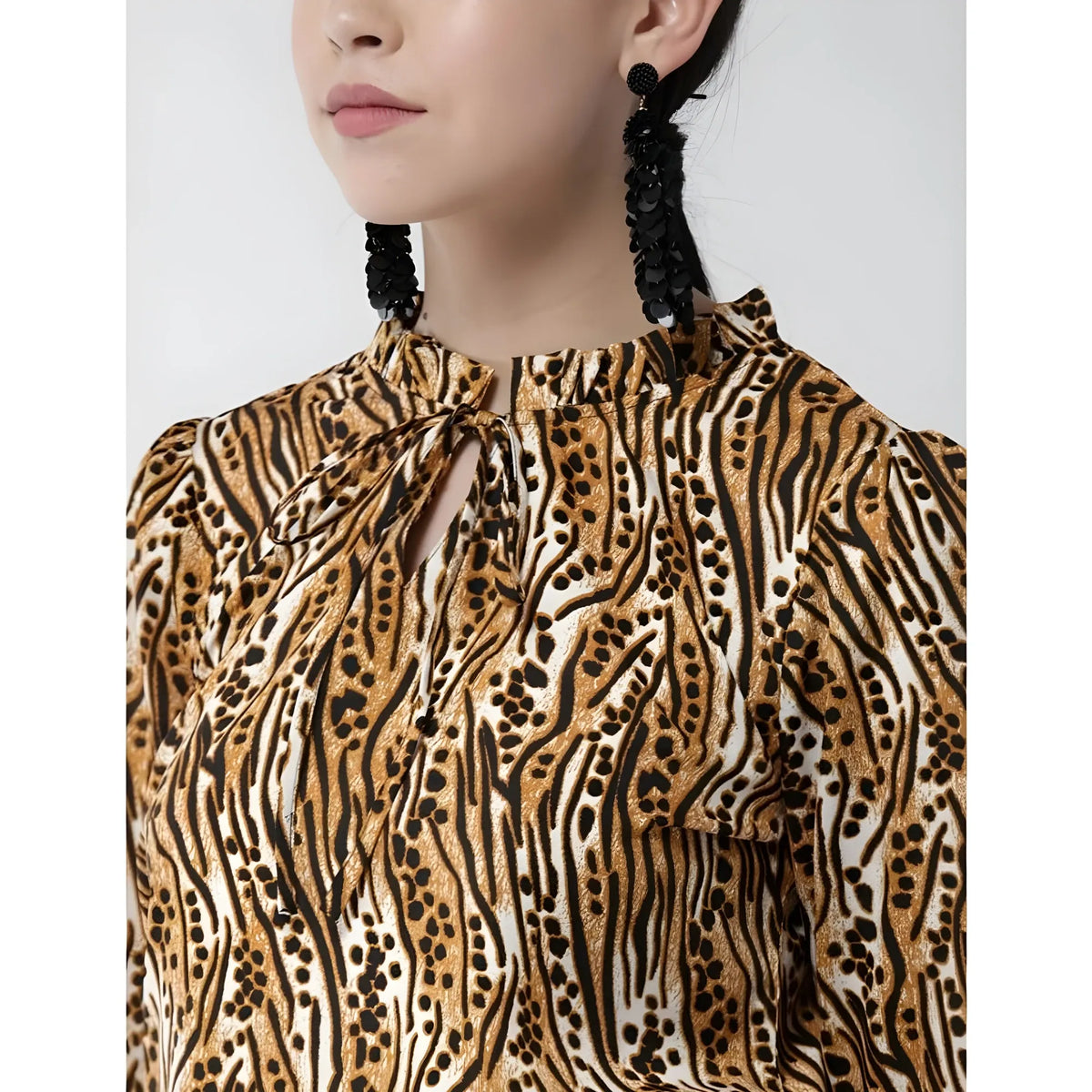 Women's Polyester Printed Bell Sleeve Top (Orange - Black)