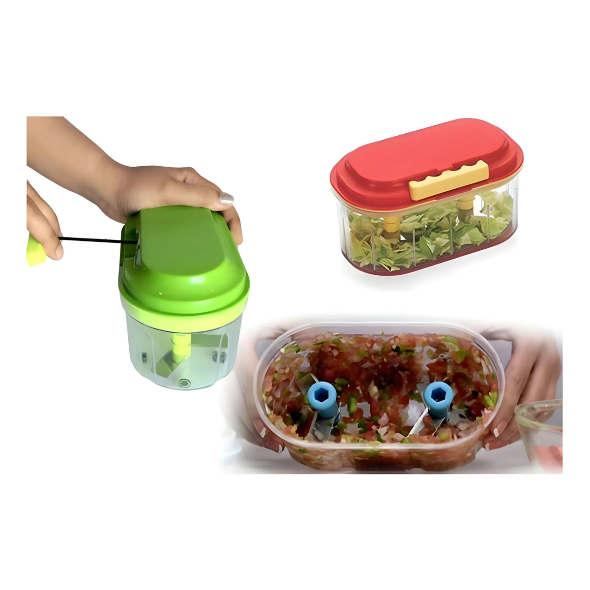 Pack Of 2_Twin Bowl Dual-Blade Hand Chopper | Manual Food Processor for Vegetables And Fruits (Color: Assorted )
