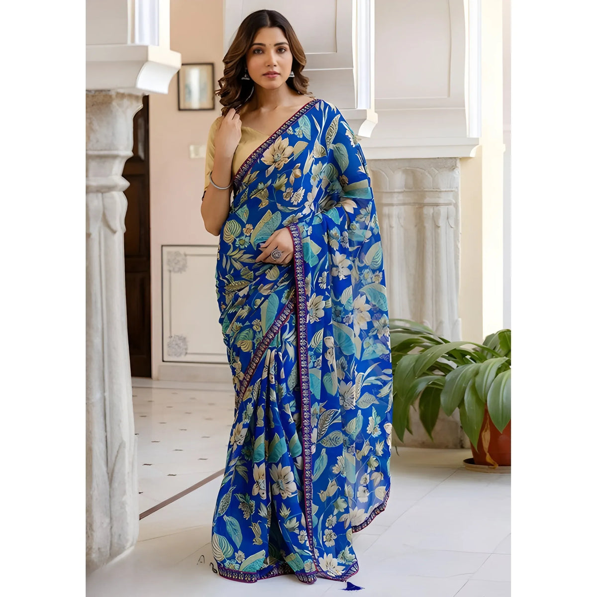 Women's Georgette Floral Printed Saree With Unstitched Blouse 5.5Mtr (Blue)