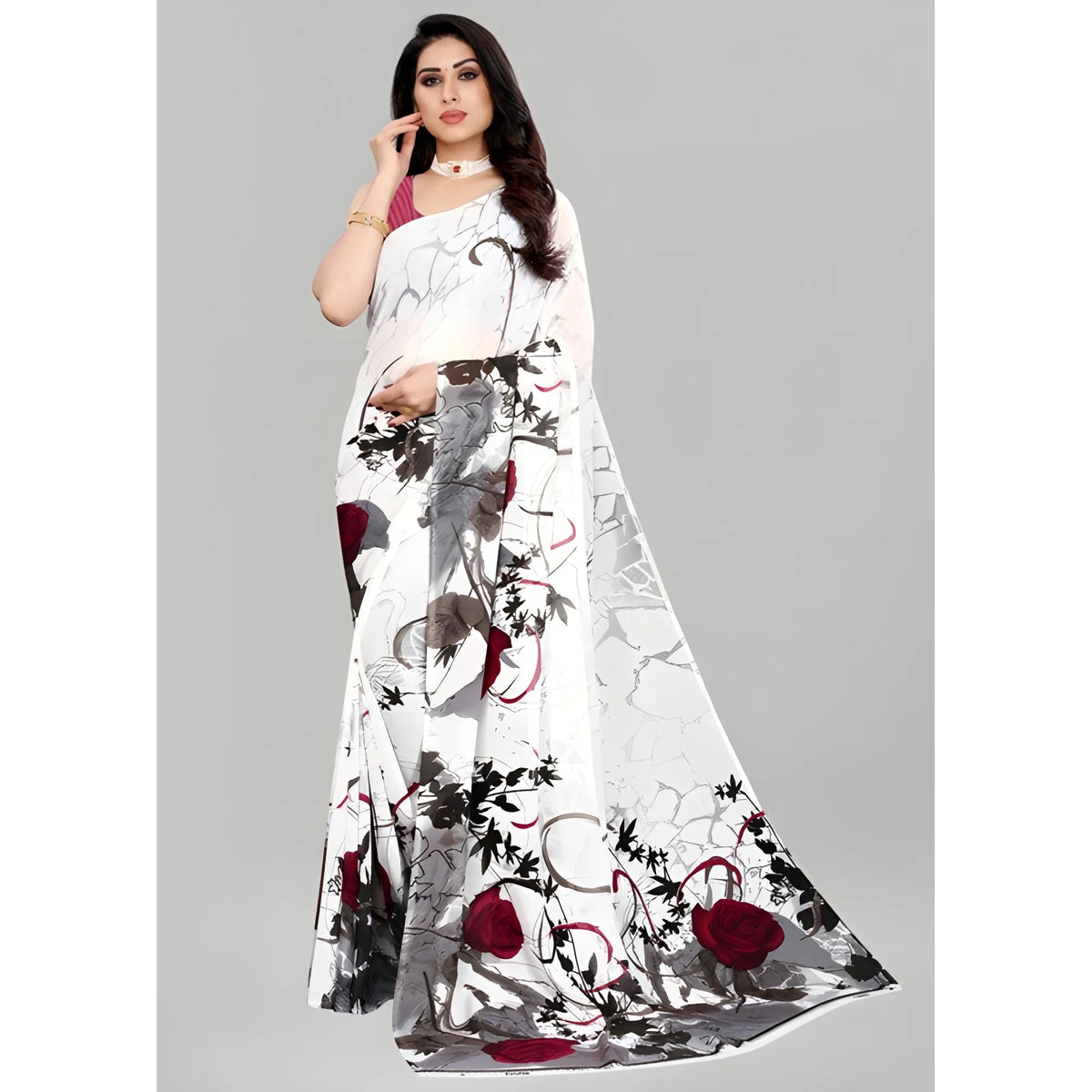 Women's Georgette Printed Saree With Unstitched Blouse 5.5Mtr (White)