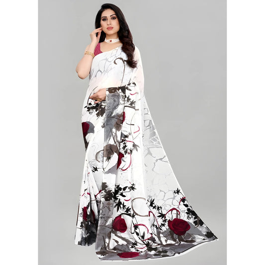 Women's Georgette Printed Saree With Unstitched Blouse 5.5Mtr (White)