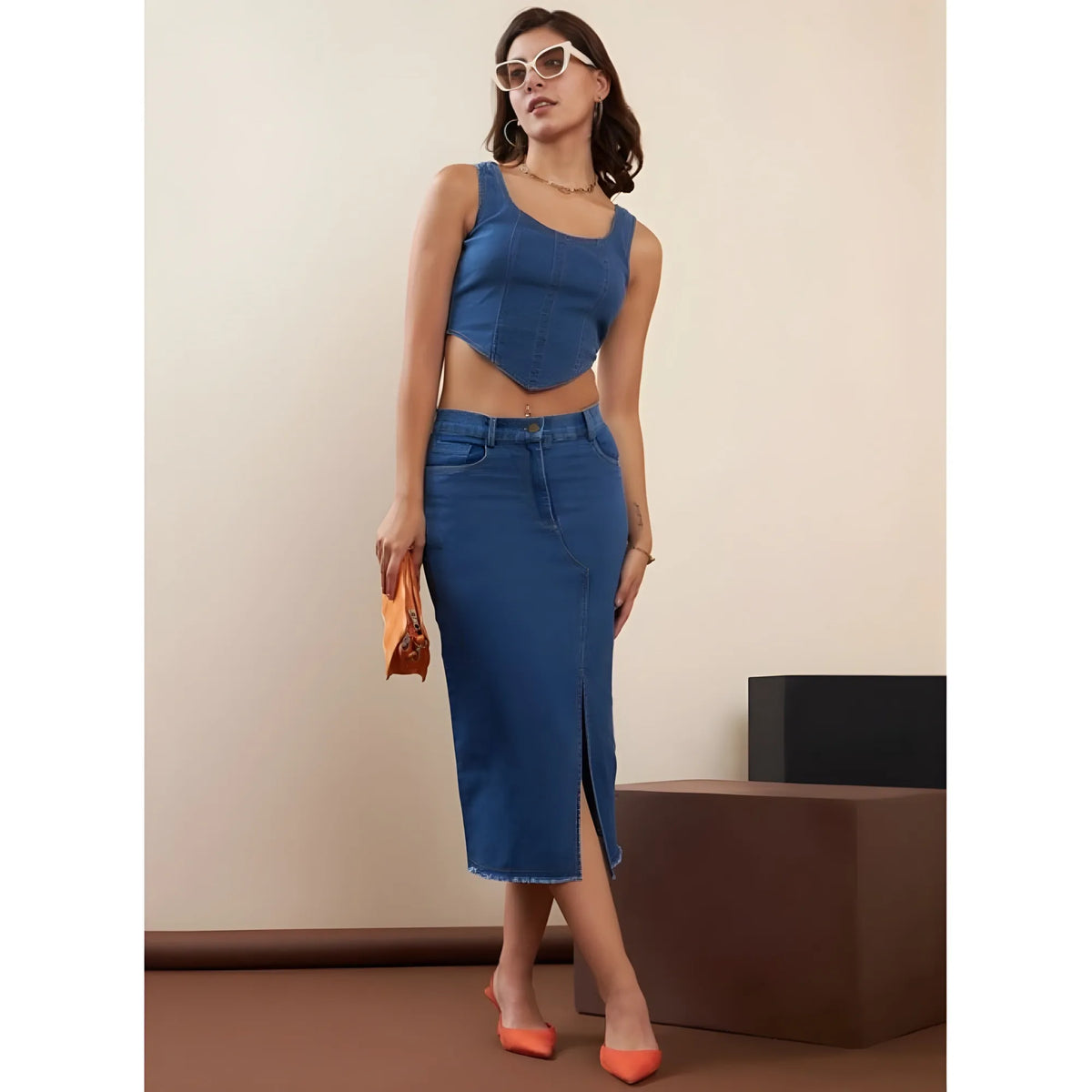 Women's Denim Lycra Solid Button Skirt (blue) | Women Signature Collection