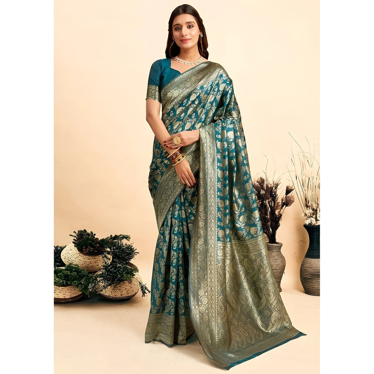 Women's Jacquard Printed Saree With Unstitched Blouse 5.5Mtr (Teal)