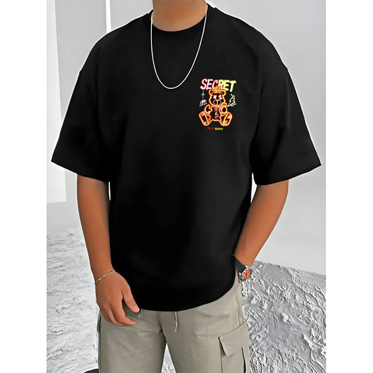 Men's Casual Cotton Blend Printed Round Neck Half Sleeve T-Shirt (Black)