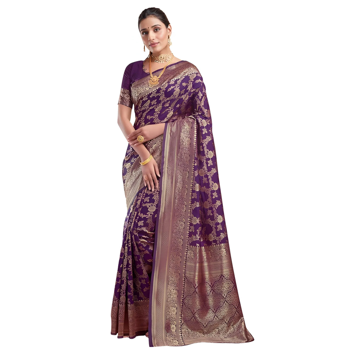 Women's Jacquard Printed Saree With Unstitched Blouse 5.5Mtr (Purple)