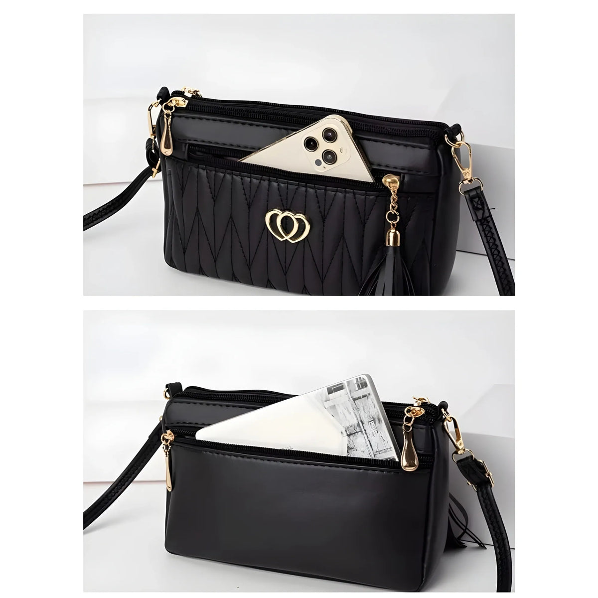 Women's PU Leather Zipper Sling Bag (Black)