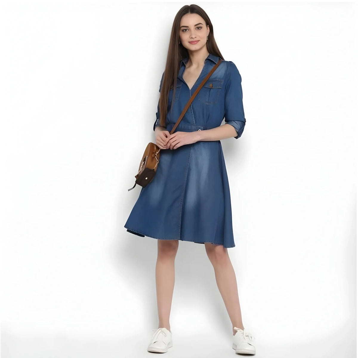 Women's Denim Solid Roll Up Sleeve Dress (blue) | Women Signature Collection