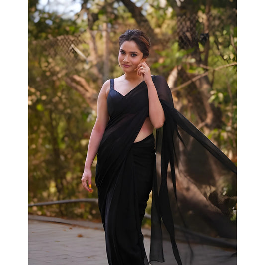 Women's Georgette Solid Saree With Unstitched Blouse 5.5Mtr (Black)
