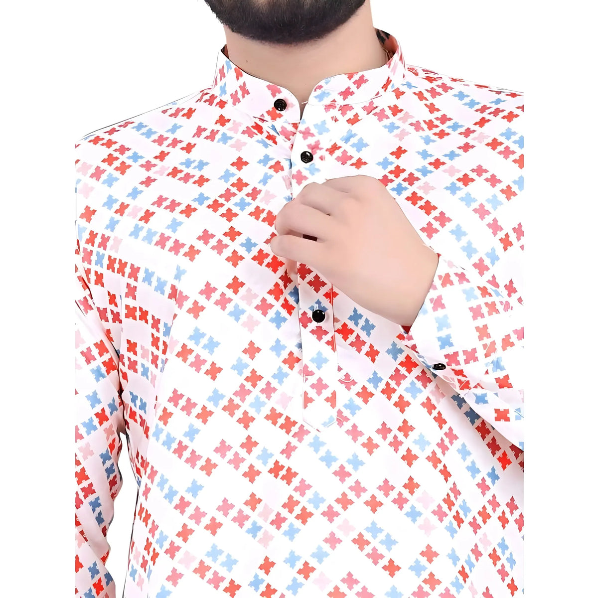 Men's Cotton Blended Printed Full Sleeve Shortkurta (Multicolor)