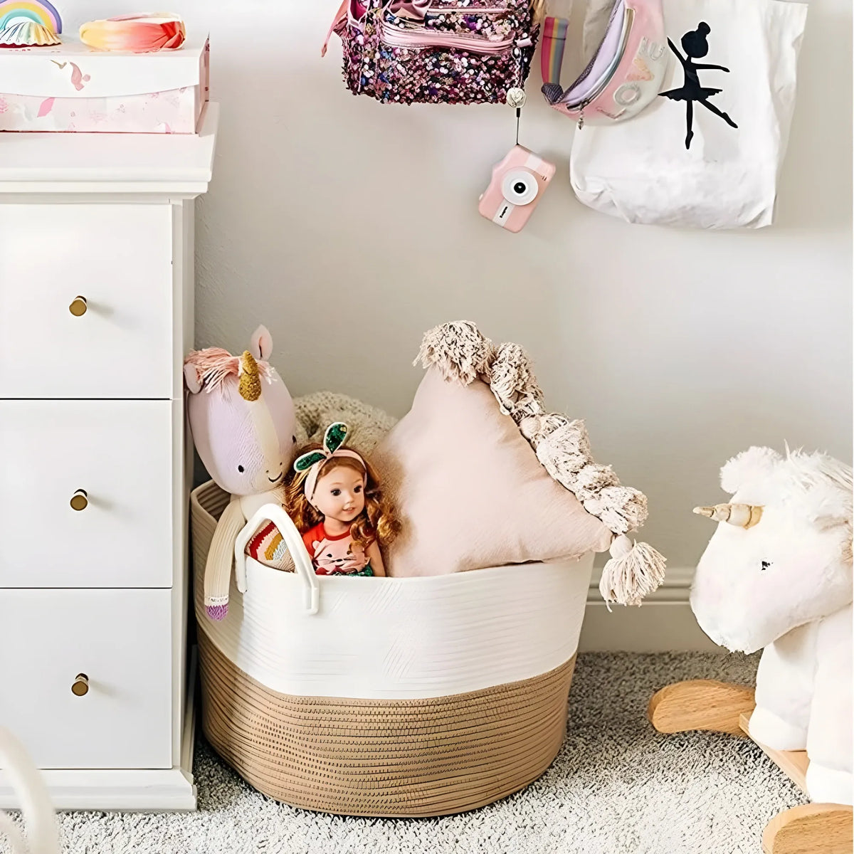 Cotton Pack Of_1 12x14 Inch Laundry Storage Basket For Clothes (Beige-White)
