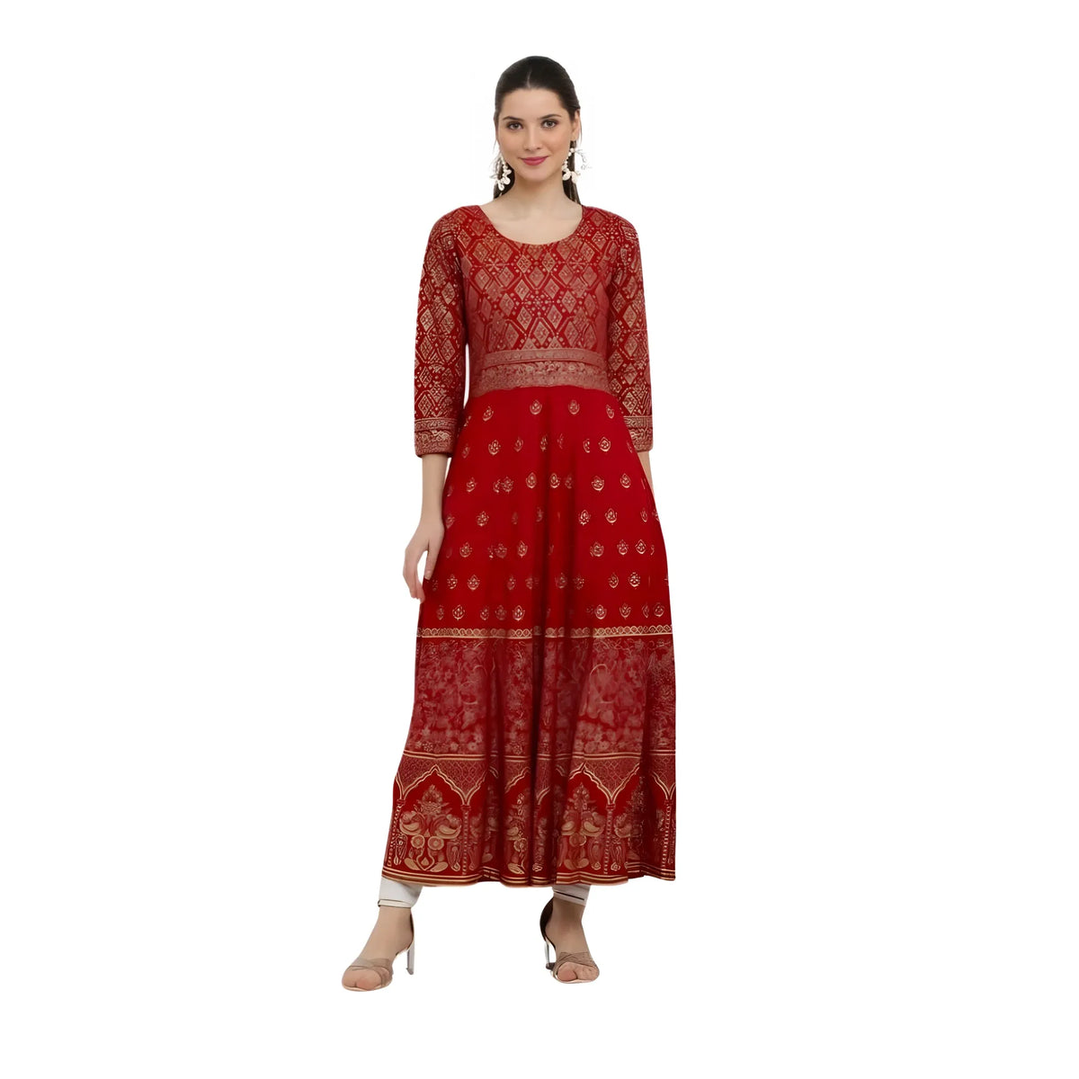 Women's Casual Rayon 3-4th Sleeves Anarkali Kurti (Red)