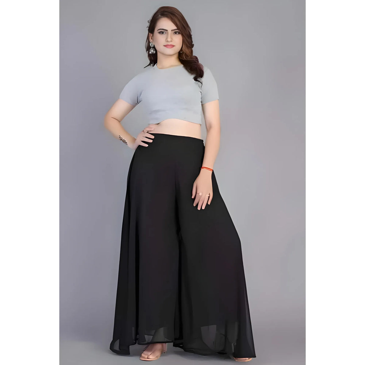 Women's Pack of 2 Georgette Solid High Rise Wide Leg Flared Palazzos with Elastic Waist (Black)