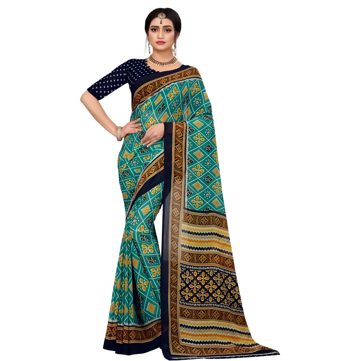 Women's Georgette Floral Print Saree With Unstitched Blouse 5.5Mtr (Dark Green)