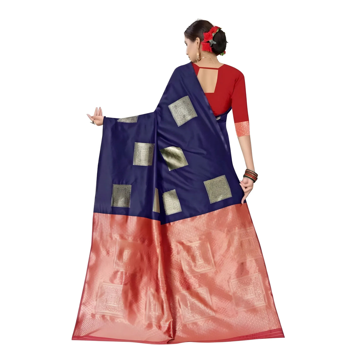 Women's Soft Lichi Silk Printed Saree With Unstitched Blouse 5.5Mtr (Blue)