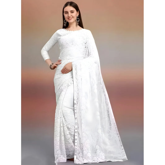 Women's Net Self Design Saree With Unstitched Blouse 5.5Mtr  (White)