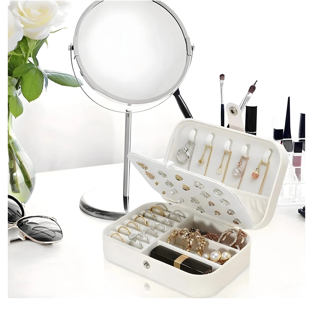PU Leather Solid Jewelry Storage Box (White-Cream)