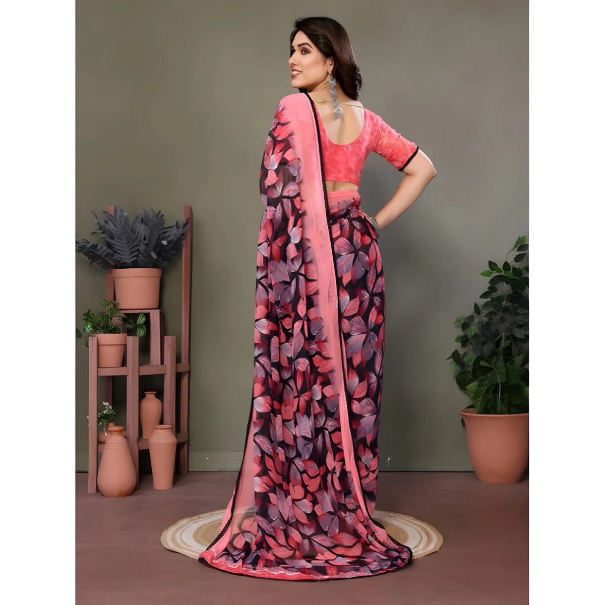 Women's Chiffon Printed Saree With Unstitched Blouse 5.5Mtr  (Pink)