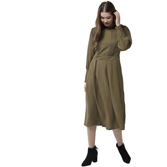 Women's Polyester Pintuck Long Sleeves Below Knee Dress (olive) | Women Signature Collection