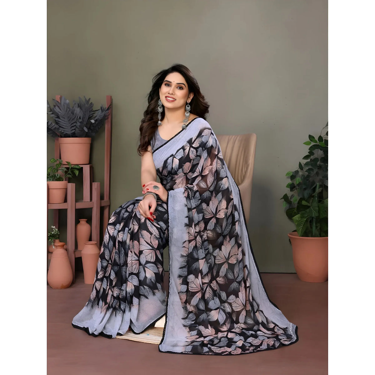 Women's Chiffon Printed Saree With Unstitched Blouse 5.5Mtr  (Grey)