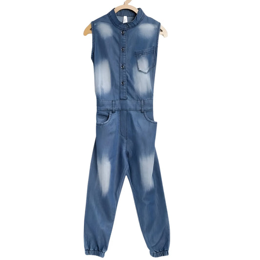 Girl's Denim Embellished Sleeveless Jumpsuit (blue) | Kids Signature Collection