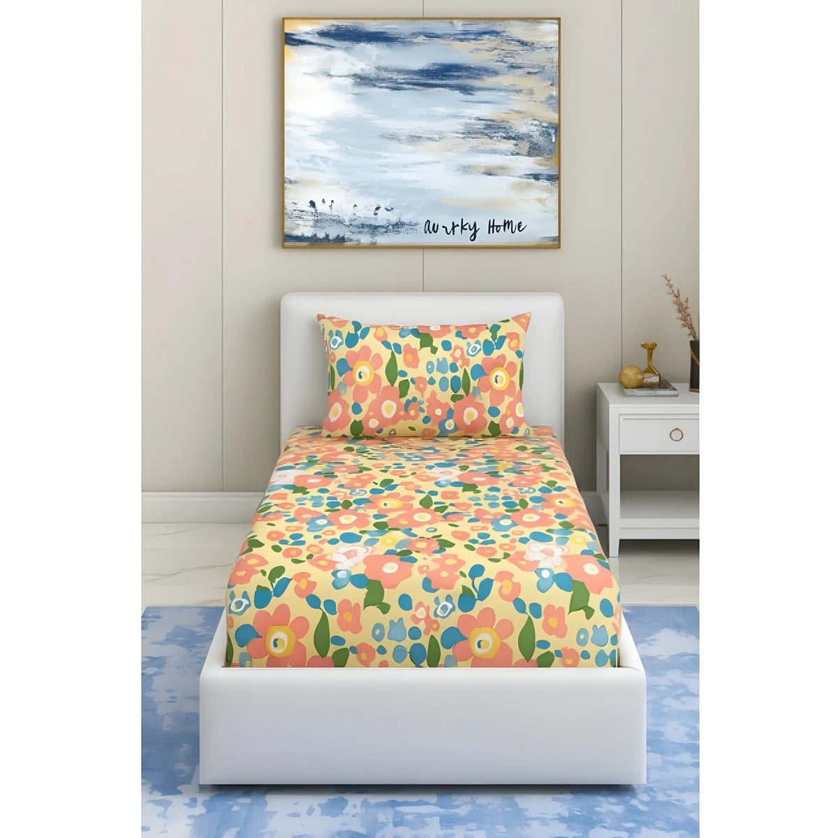 Cotton Blend Floral Printed Single Bedsheet with 1 Pillow Cover (Yellow)