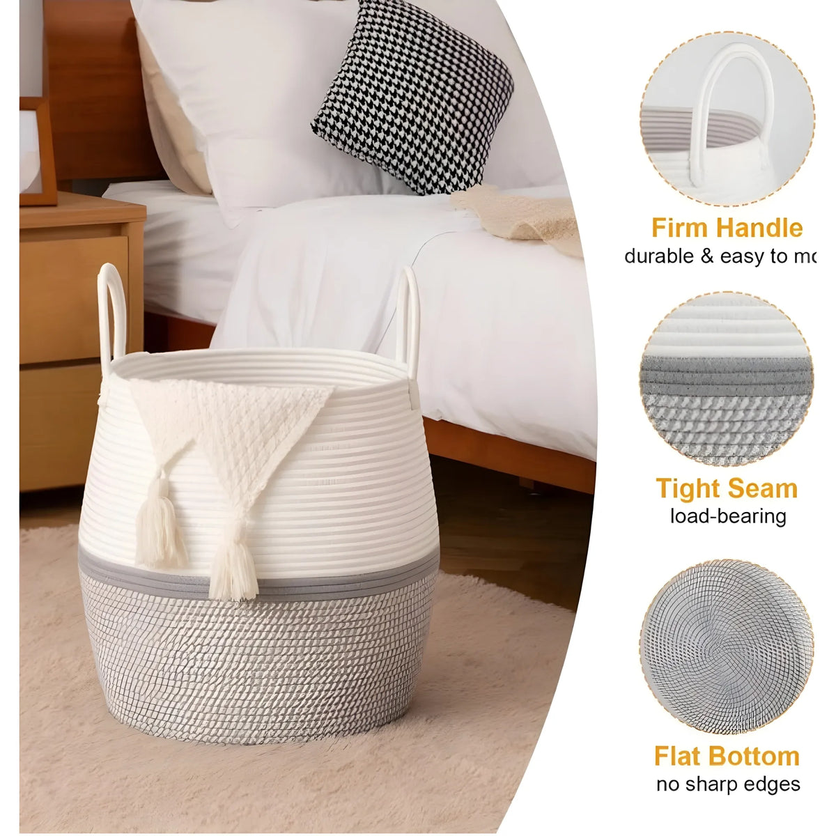 Cotton Matka With Handle 14x12 Inch Storage Basket For Clothes With Out Lid (Gray-White)