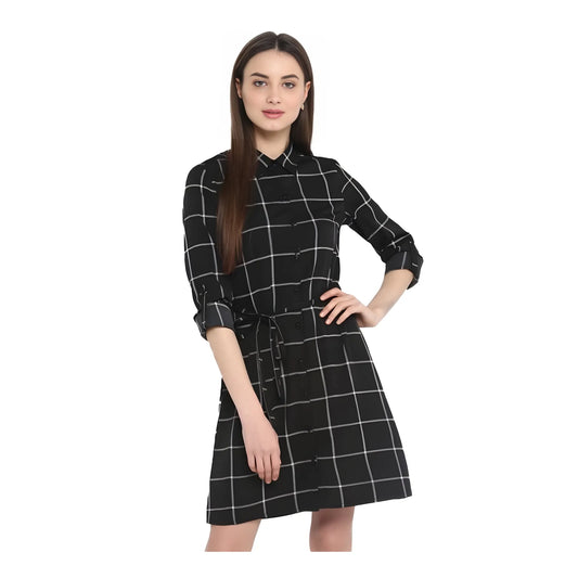 Women's Polyester Checkered Roll Up Sleeve Above Knee Dress (black White) | Women Signature Collection