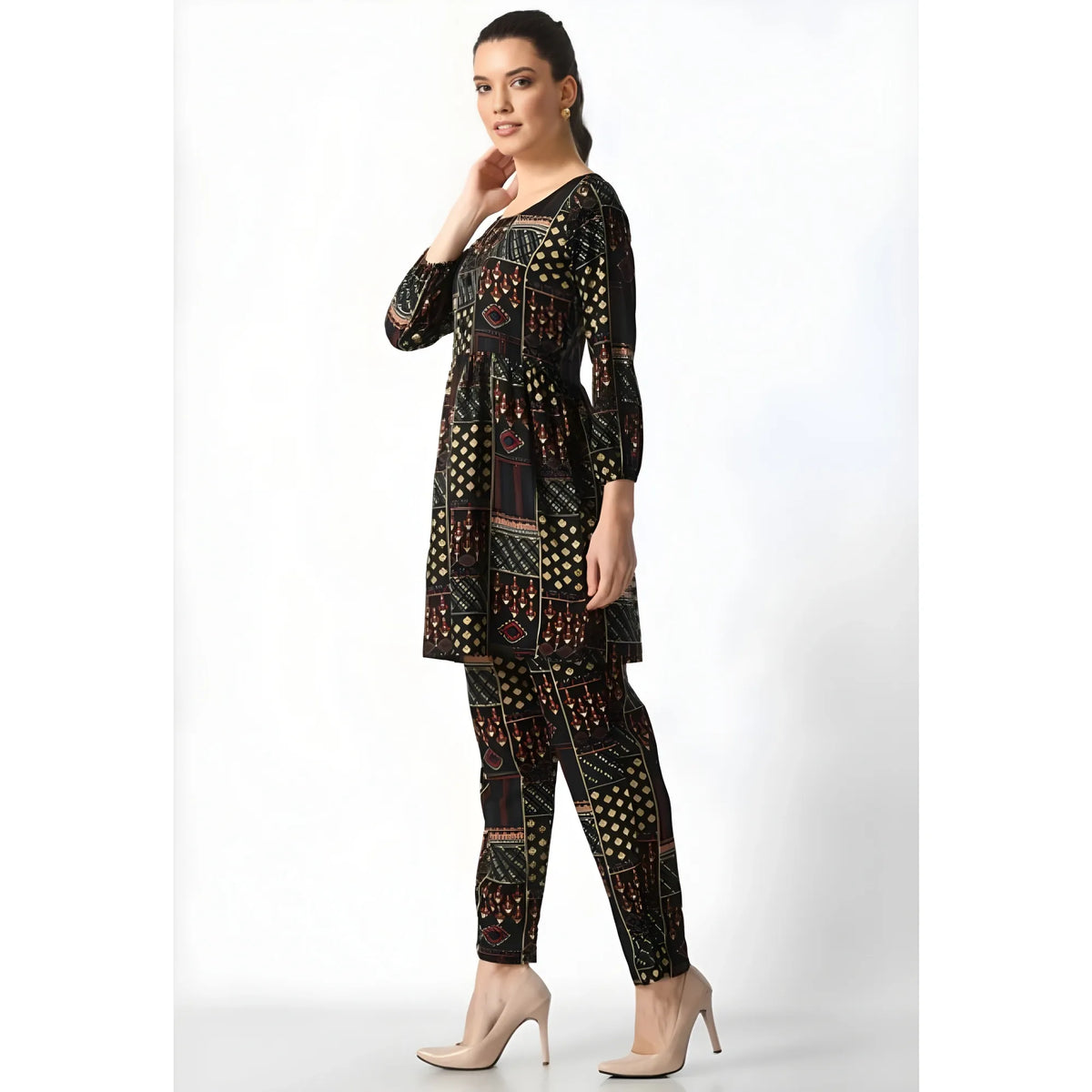 Women's Casual Crepe 3-4th Sleeves Cord Set (Black)